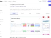 An event dashboard in monday.com showing budget against actual spending and a timeline of event stages.