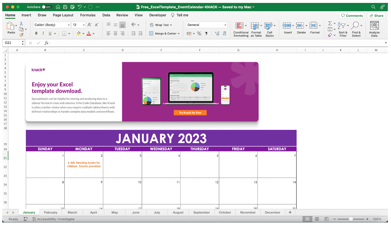 An Excel spreadsheet showing a calendar view for the month of January.