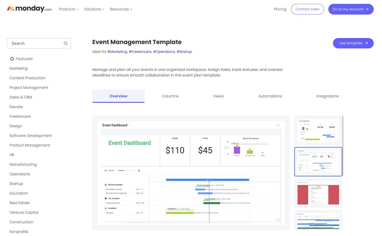 An event dashboard in monday.com showing budget against actual spending and a timeline of event stages.