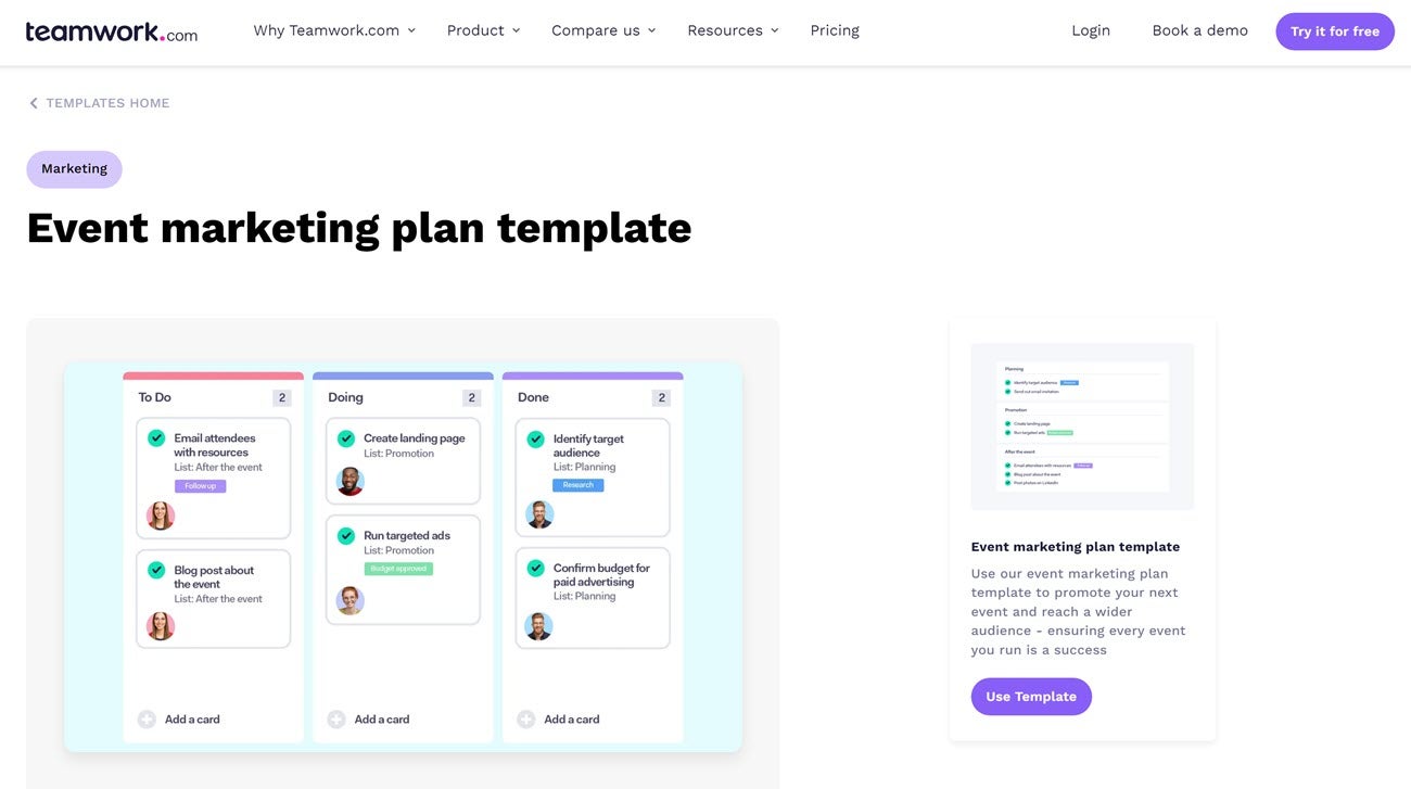 A landing page for Teamwork’s event marketing plan template with a preview showing a Kanban board with marketing tasks on it. 