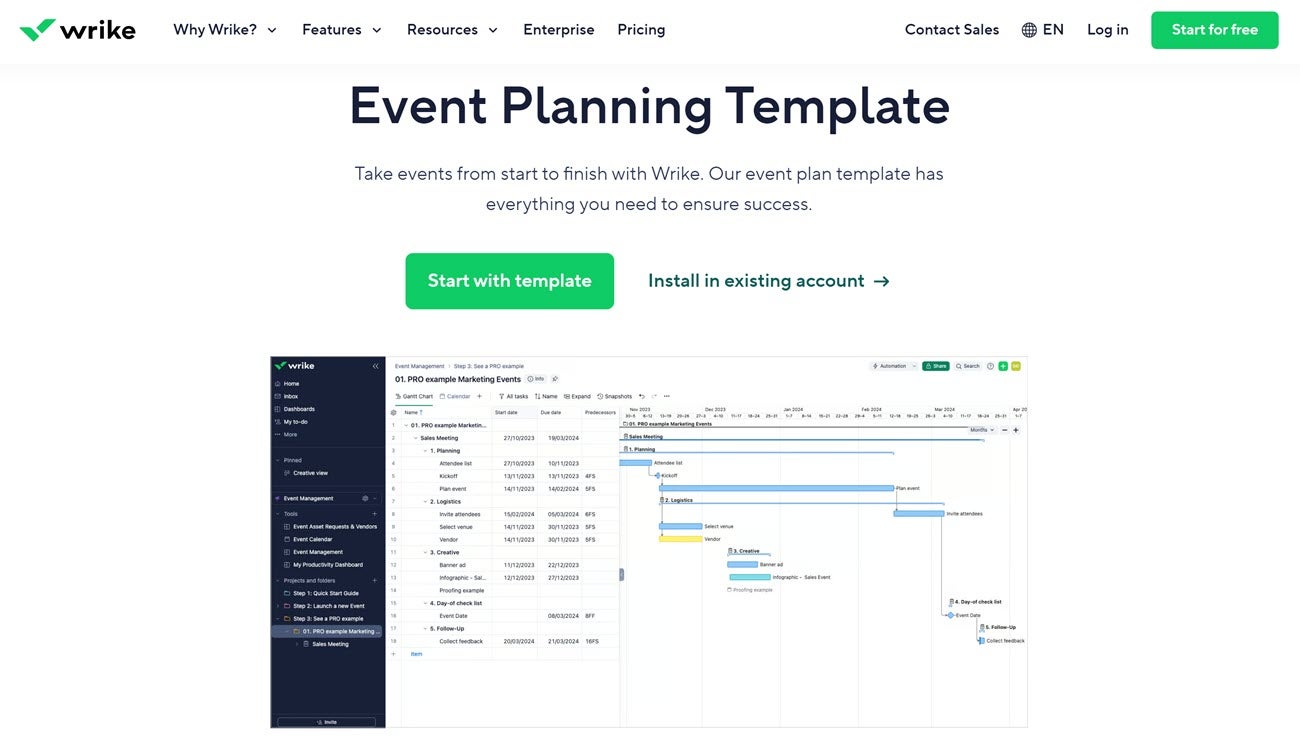 Landing page for Wrike’s event planning template with a preview showing a timeline of marketing events. 