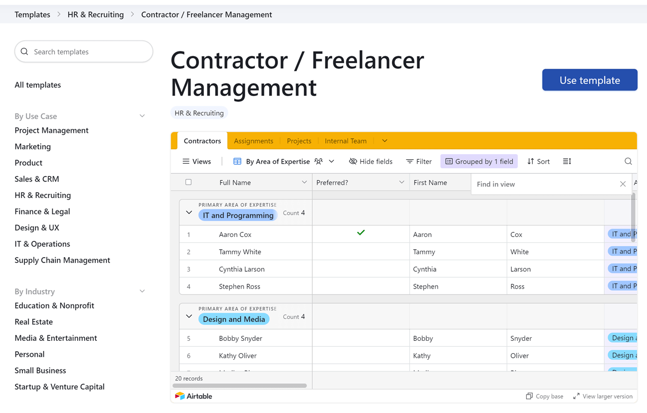 Airtable’s landing page for their contractor / freelancer management template. 