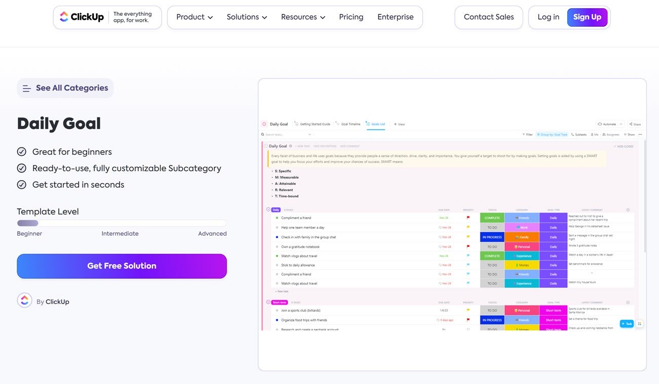 A daily goal template from ClickUp showing a list of goals organized by status and category. 