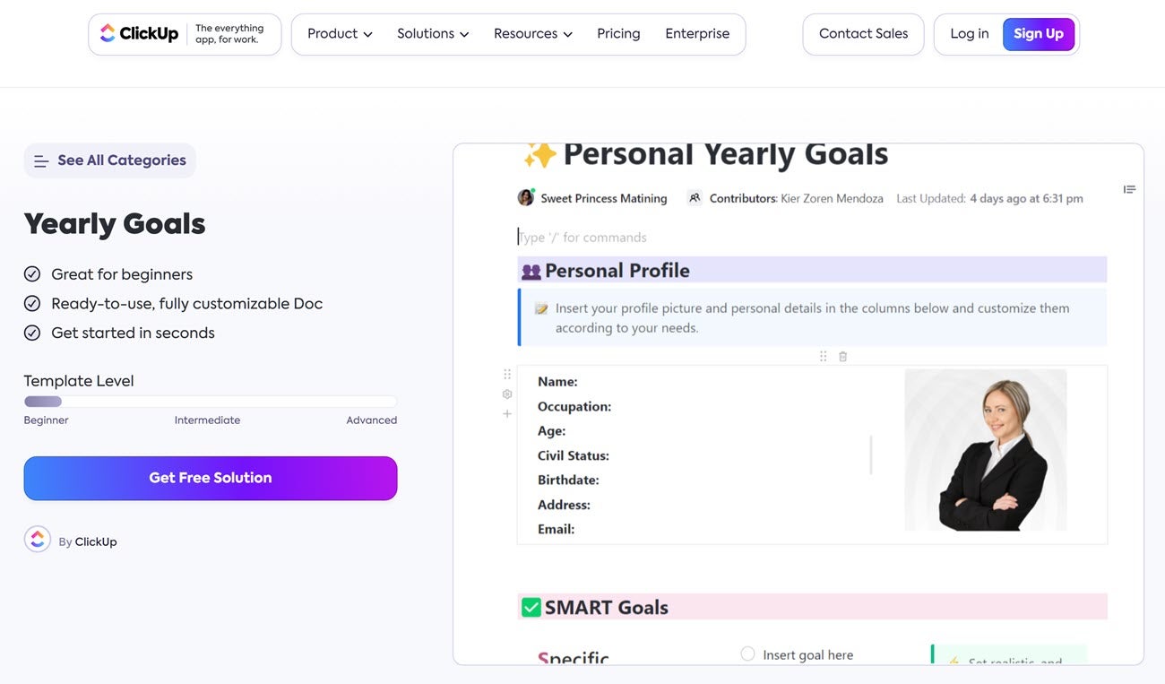 A yearly goal template showing the personal profile of the creator, and an image of a woman in a black blazer smiling with her arms crossed.