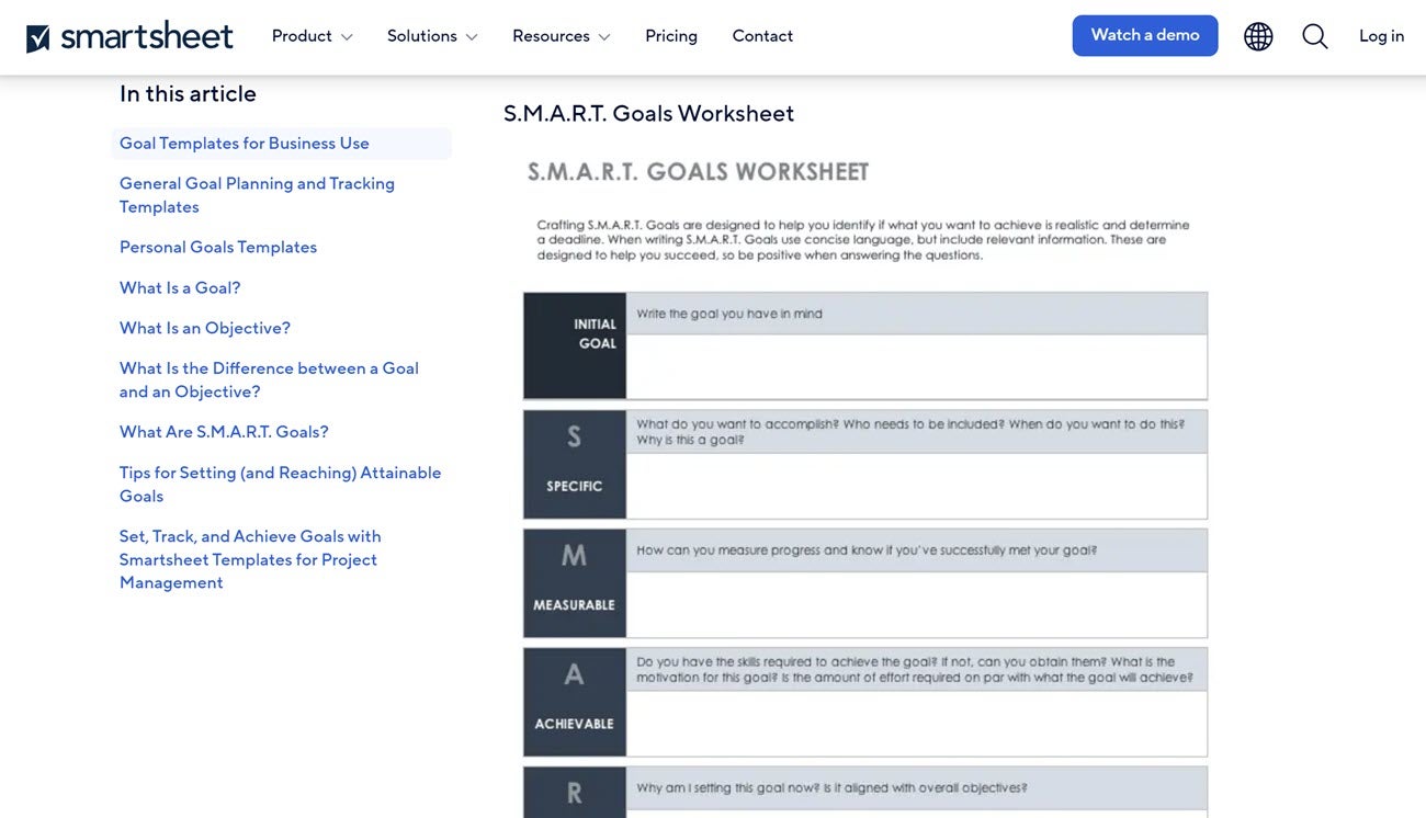 A preview of Smartsheet’s smart goal setting template showing boxes for S, M, and A with a space to write or type your answer. 