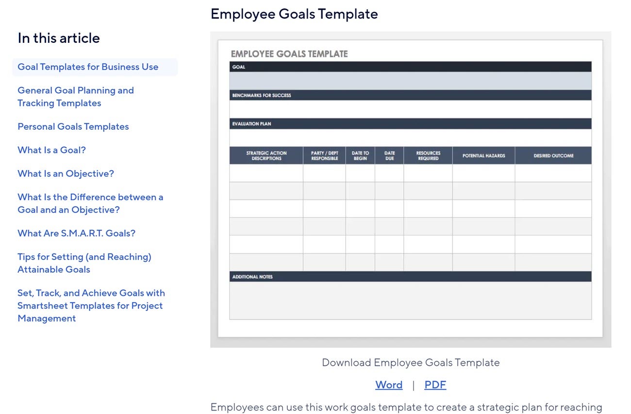 Preview of a blank employee goal setting template that includes an evaluation plan, strategic actions, deadlines, and notes.