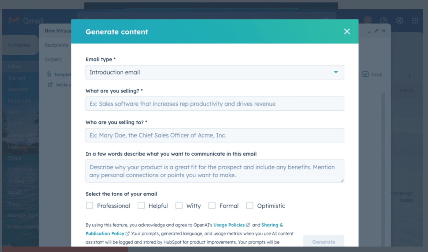 HubSpot AI email writer feature.