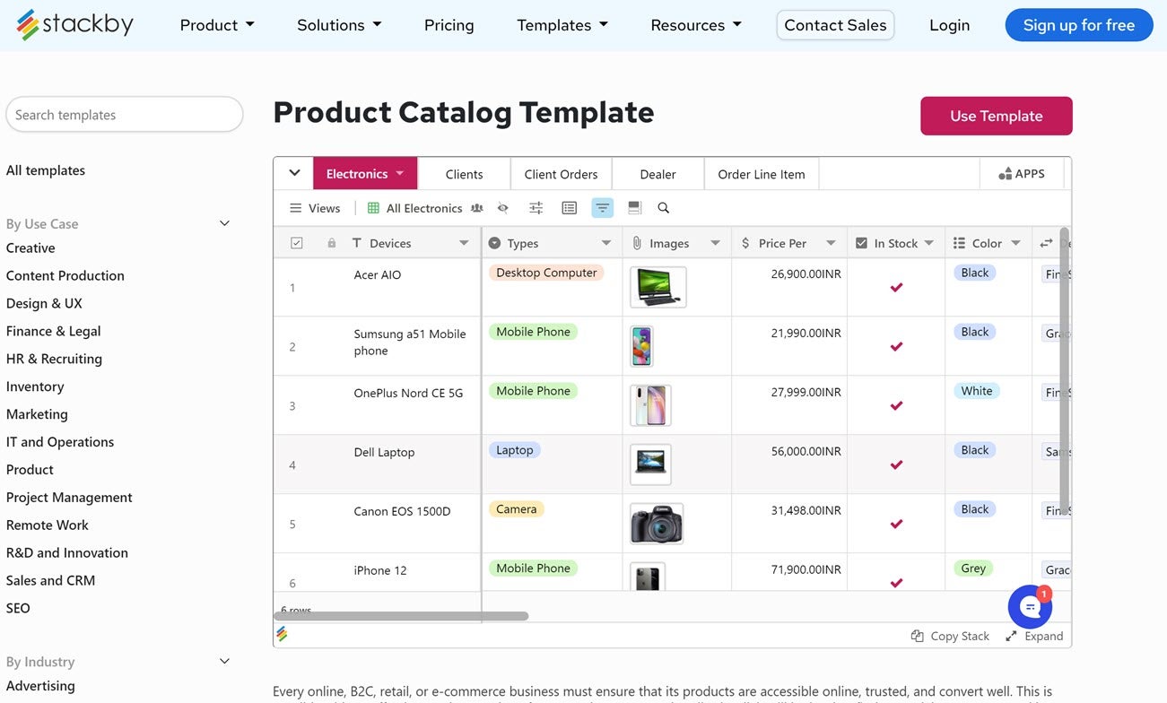 A product catalog in Stackby showing electronics products, images, and relevant tags for each item.