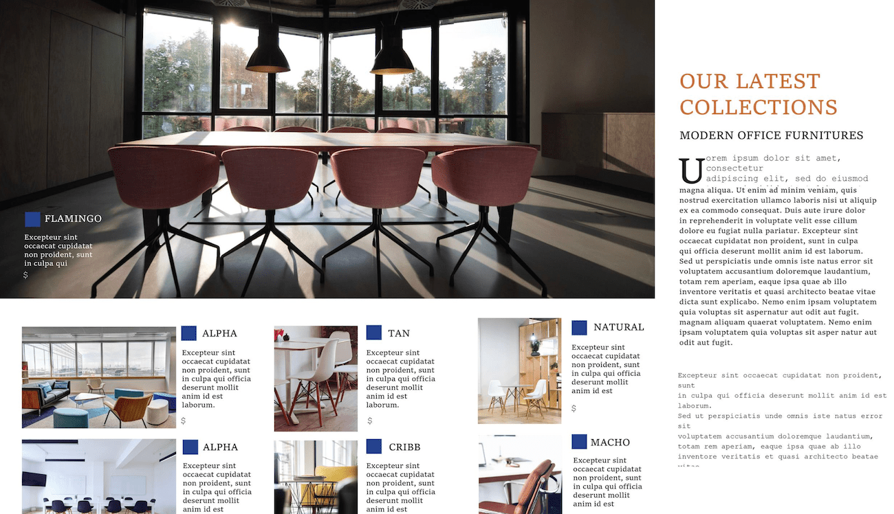 A product catalog page with a large image of a table with chairs and smaller images of chair icons below it.