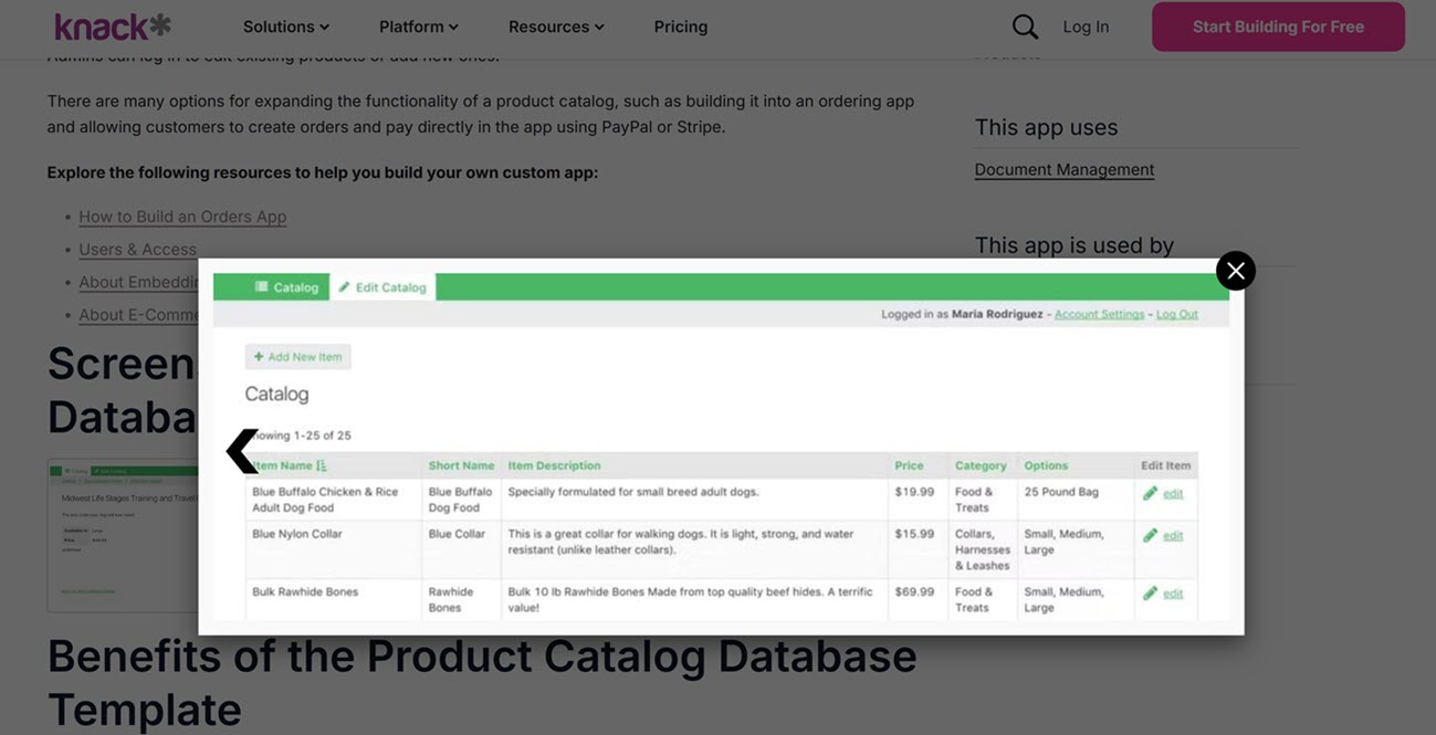 An admin view of a custom product catalog showing three products on the backend, including item names, descriptions, prices, and categories. 