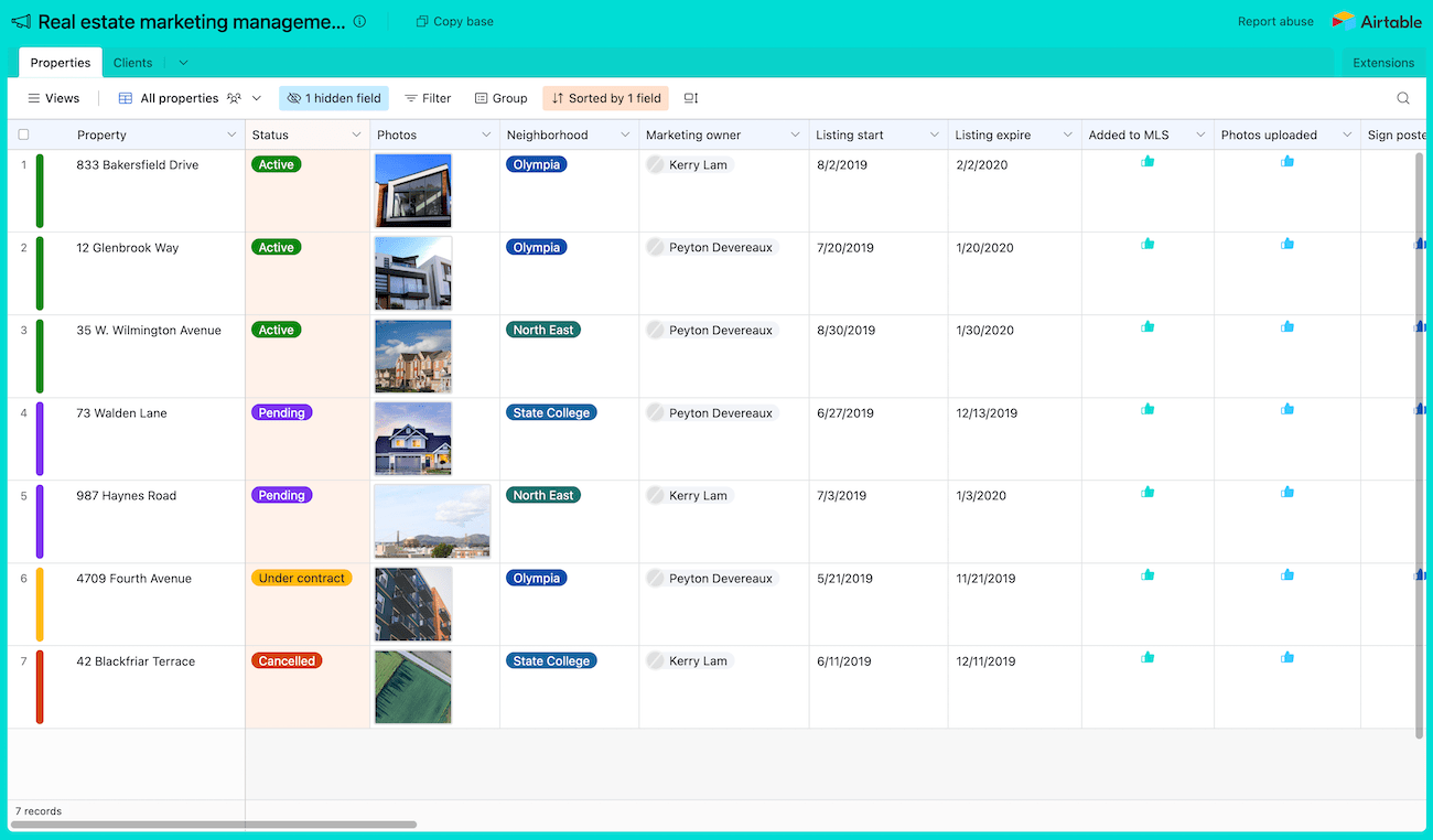 A sample real estate marketing management board in Airtable, with rows for each property and columns with key information, tags, and numbers. 