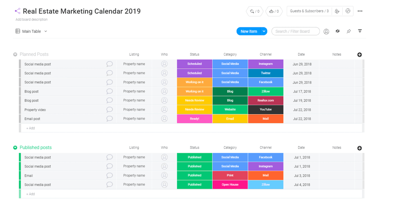 A color-coded list of planned and published real estate posts in monday.com tagged with categories like social media, blog, video, and email.