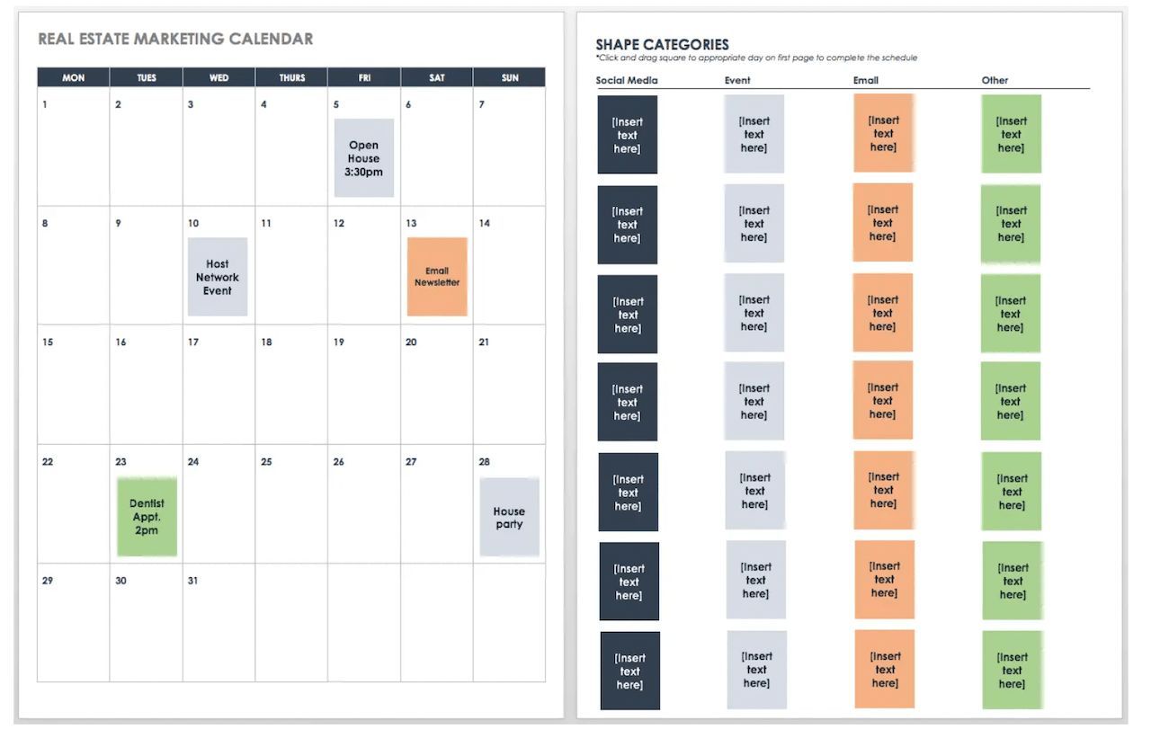 A side-by-side view of a real estate marketing calendar document on the left and a backlog of empty squares on the right, color-coded by marketing activity categories.