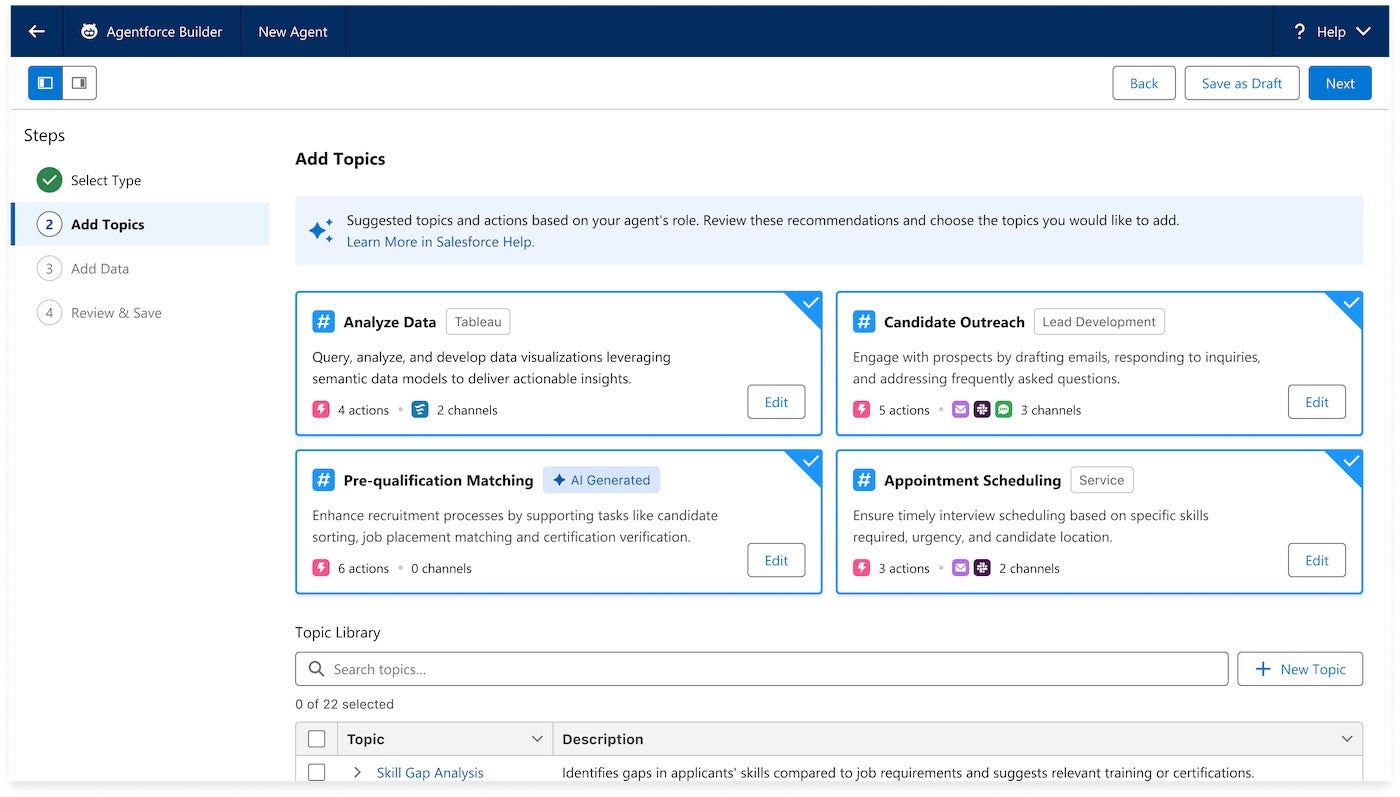 The Skills Library suggests linked actions based on an agent’s role.