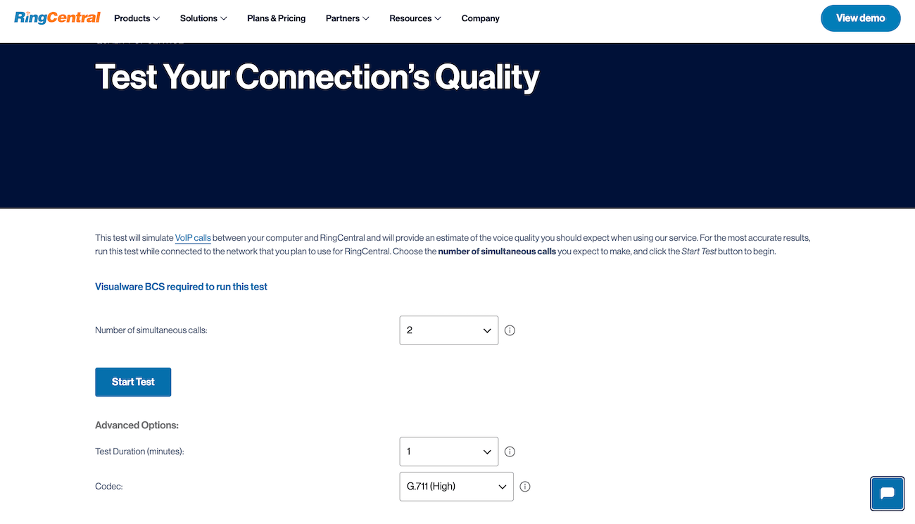 Screenshot of RingCentral’s quality of service test page, with a button to start the test.