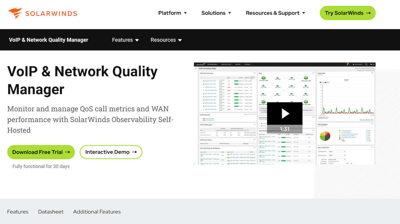 SolarWinds’ VoIP and network quality manager landing page with a video demo of how it works.