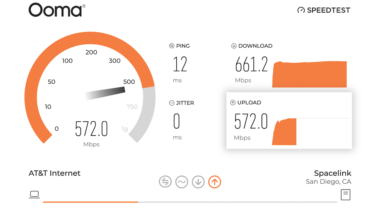 Screenshot of Ooma’s speed test in progress measuring ping, jitter, upload speed, and download speeds.