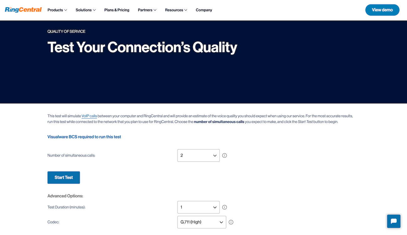 RingCentral’s quality of service test, with some preset components and a button to start the test.