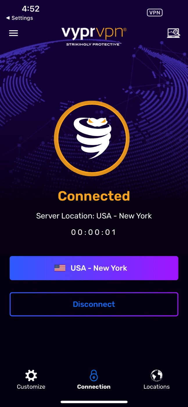 VyprVPN’s mobile app for iOS.