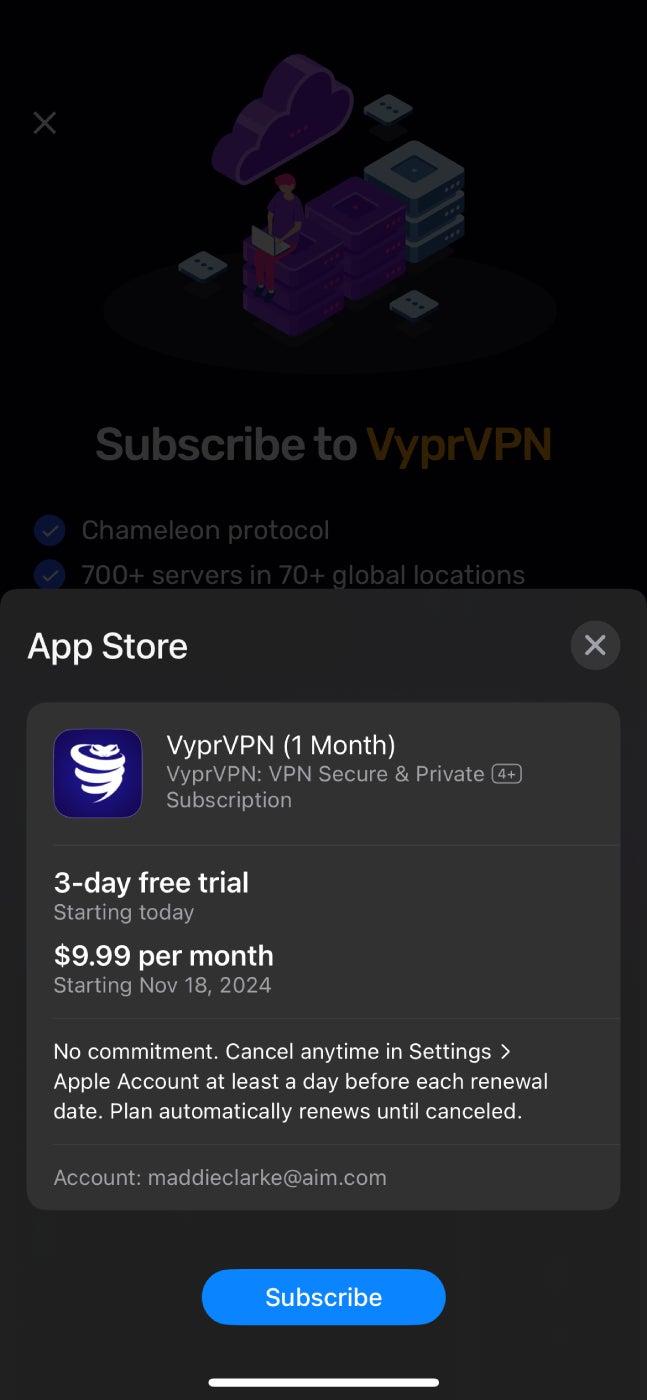 VyprVPN three-day free trial of its VPN through the Apple Store.