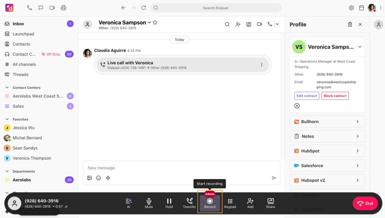 Dialpad inbox highlighting the call recording feature and conversation log.