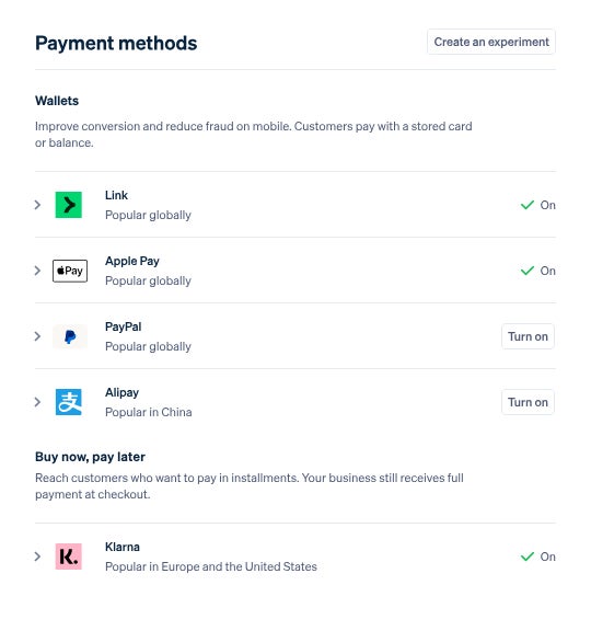 Stripe payment types.