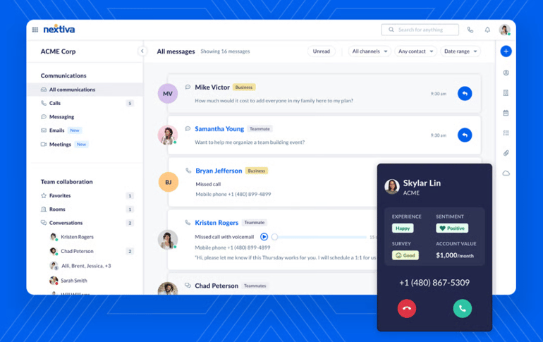 Nextiva shared group inbox featuring customer feedback data and sentiment analysis.