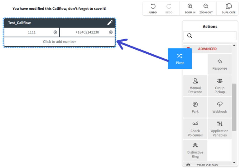 Ooma call flow designer featuring the process of adding a new number to the flow.
