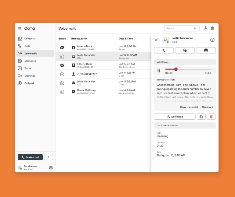 Ooma app featuring a voicemail transcript and incoming call information.