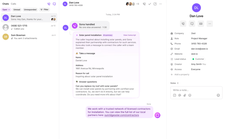 Quo chat log featuring responses from the Sona AI agent.