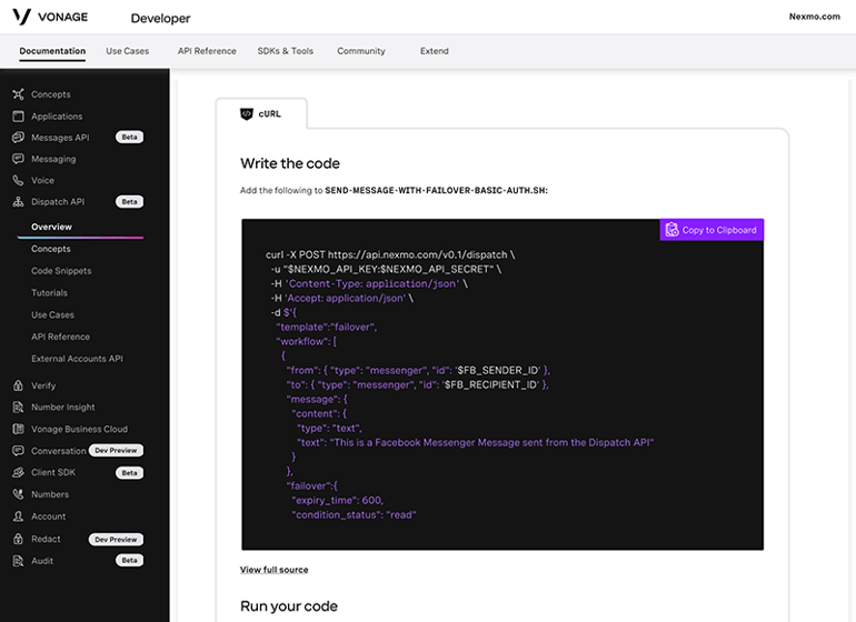 Vonage developer resources featuring a source code snippet and instructions on how to run it.