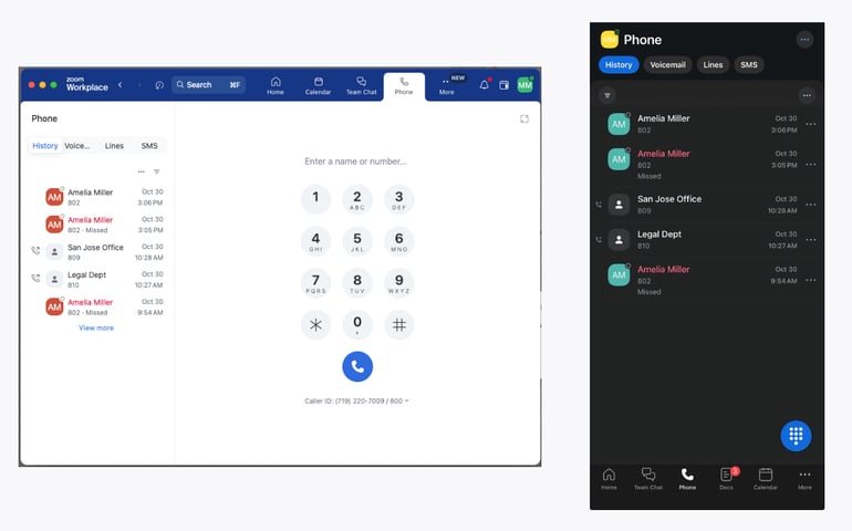 Zoom Workplace app next to the phone screen, highlighting the ability to move seamlessly from the desktop to mobile.