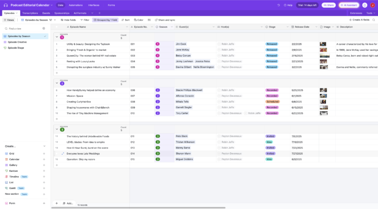 Airtable grid view showing podcast episode data including publish dates and guest names