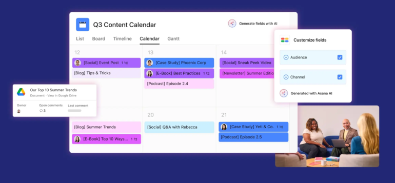Calendar view in Asana displaying tasks and deadlines for podcast production phases