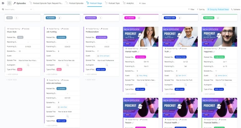 ClickUp dashboard showing podcast episodes, guest tasks, and production progress