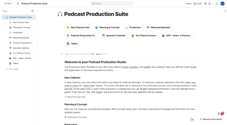 Coda document combining podcast episode tracking and collaborative notes