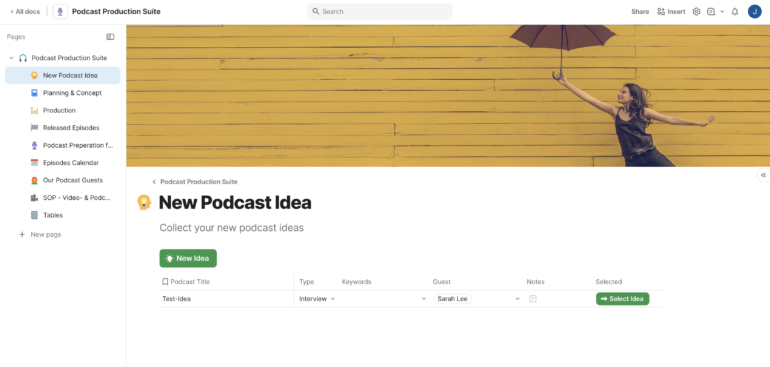 Coda document combining podcast episode tracking and collaborative notes