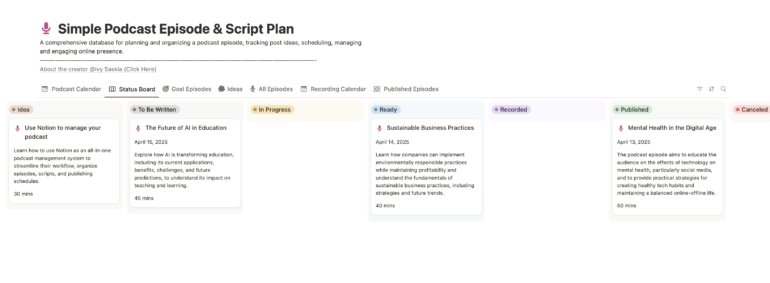 Notion dashboard template with podcast planning pages, guest lists, and production checklists