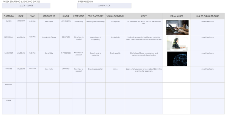 Smartsheet task tracker with task name, progress, and assigned team membersSource: Smartsheet