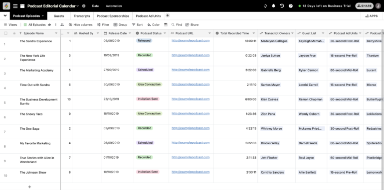 Stackby spreadsheet interface with podcast production workflow and kanban view