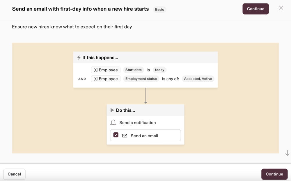 An example onboarding automation that triggers a welcome email on an employee’s start date.