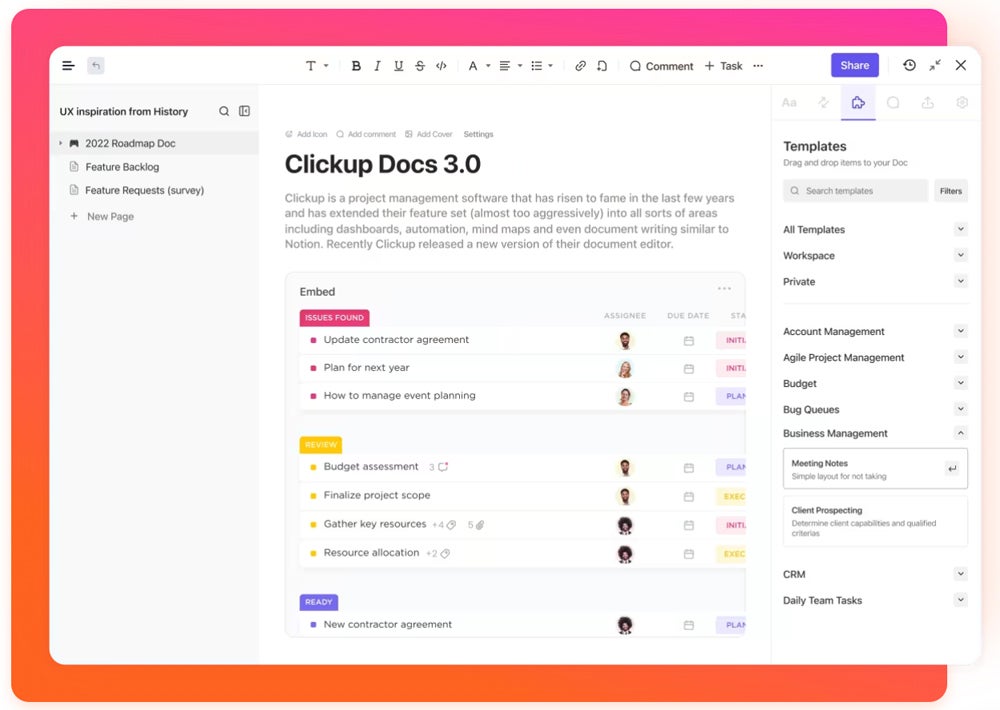 ClickUp document management feature.