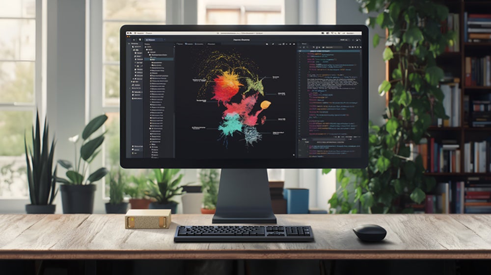 Monitor desktop menampilkan penelitian AI.