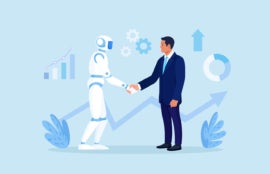 Flat vector illustration of a handshake between a human and android.