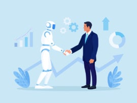 Flat vector illustration of a handshake between a human and android.