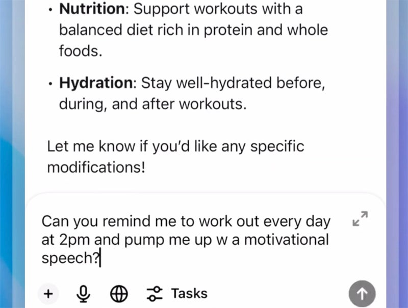 A task can be set as part of an ongoing conversation with ChatGPT, such as this prompt about a fitness plan.