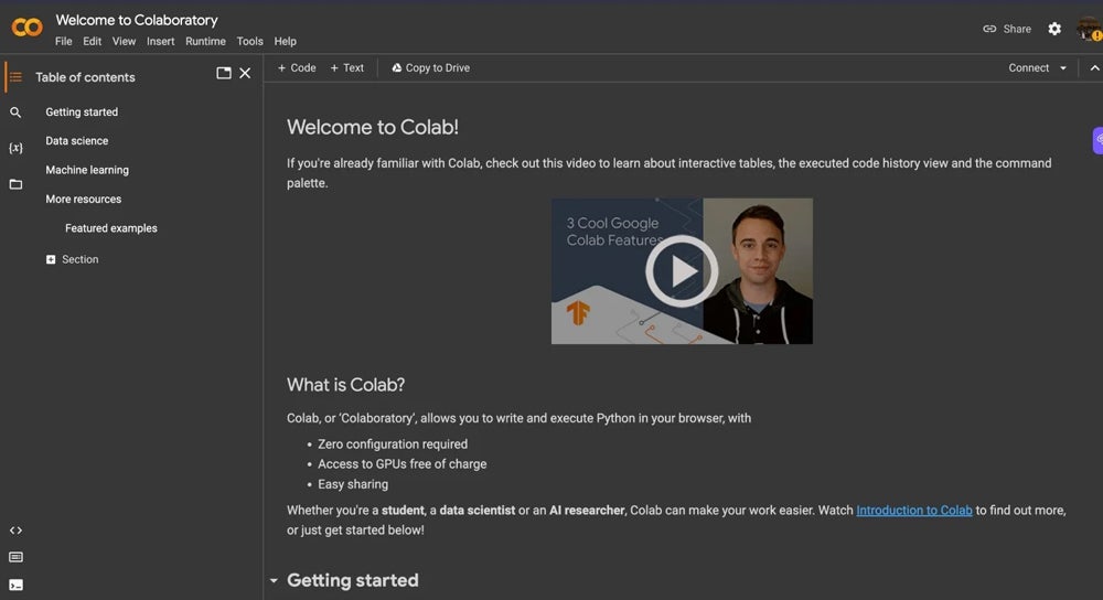 Google Colab homepage.