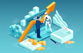 Vector of a businessman and a robot shaking hands standing on computer.