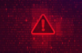 Red warning symbol on abstract red background with binary code numbers.