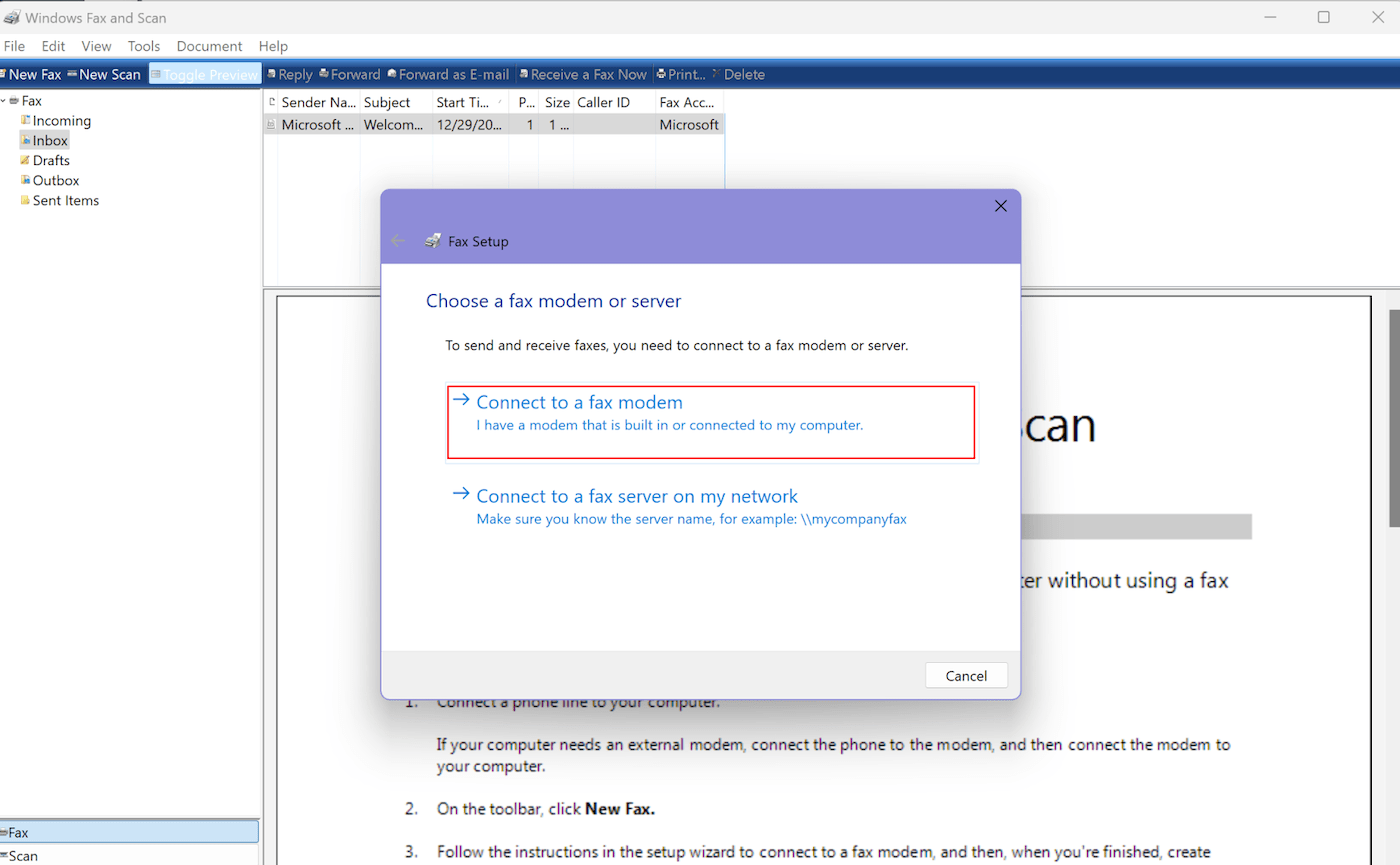 Windows Fax and Scan Interface showing the Fax Setup dialogue box with the option to connect to a fax modem or fax server.